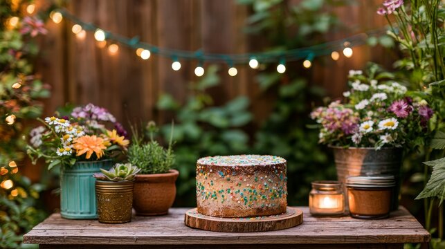 Rustic outdoor cake table with flowers and string lights