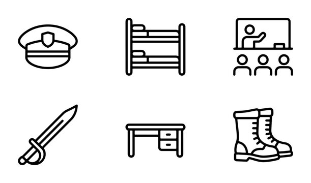 Military Icons Set: Officer Hat, Bunk Bed, Classroom, Sword, Desk, Boots