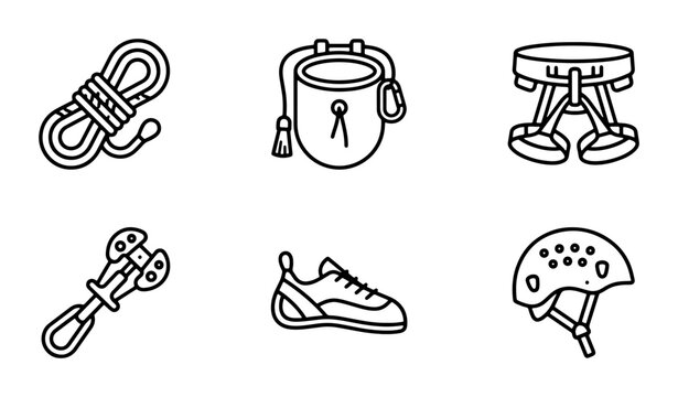 Rock Climbing Gear Icons Set, Outdoor Adventure Equipment Collection, Vector Graphics for Sports