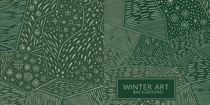 watercolor pine tree branches and snowflakes cool green and gray winter art background