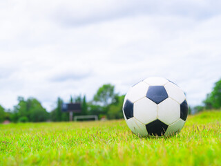 Fototapeta premium A football placed on the grass field of a football stadium. 2026 World Cup. Soccer sports, activity outdoors 