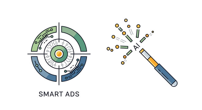 Artificial intelligence advertising concept with target and magic wand