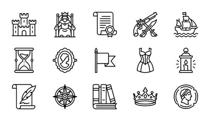 Fototapeta premium Medieval History Icons Set: Castle, Queen, Scroll, Weapons, Ship, Hourglass, Portrait, Flag, Corset, Lantern, Quill, Compass, Books, Crown, Coin