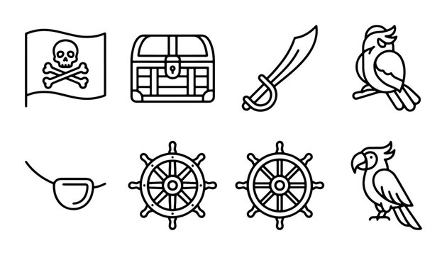 Pirate Icons Set: Jolly Roger Flag, Treasure Chest, Cutlass, Ships Wheel, Eyepatch, Parrots