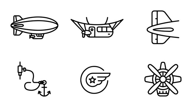Steampunk Airship Icons, Retro Aircraft Symbols, Vintage Transportation Graphics, Industrial Aviation Elements