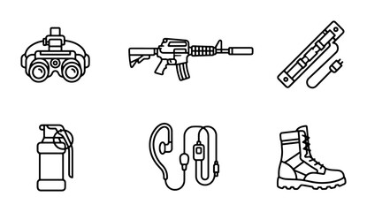 Military Equipment Icons: Night Vision, Rifle, Grenade, Boots, Tech Gear Set © Saim