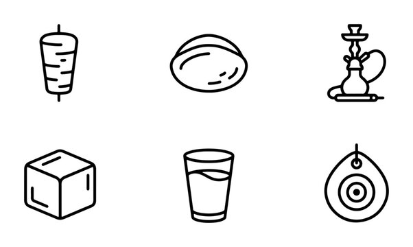 Middle Eastern Food Icons: Shawarma, Turkish Delight, Hookah, Drink, Nut, Evil Eye