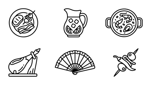 Spanish Food Icons, Tapas Vector Set, Sangria Pitcher, Jamon Serrano, Paella Dish, Olive Skewers