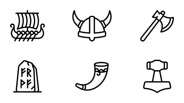 Viking Icons Set: Ship, Helmet, Axe, Rune Stone, Horn, Hammer, Norse Symbols, Vector Graphics