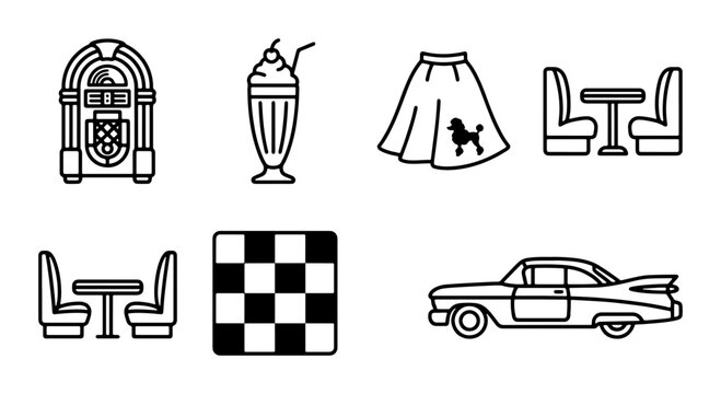 Retro Diner Icons: Jukebox, Milkshake, Poodle Skirt, Booths, Car, 50s Style Vector Set