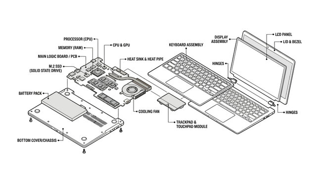 Exploded view diagram of a laptop computer showing internal components and assembly.