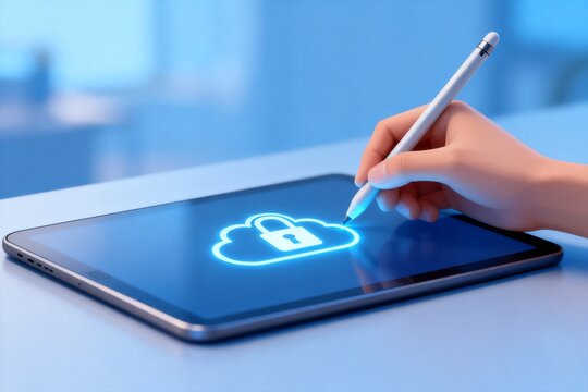 Hand using stylus on tablet with cloud lock icon