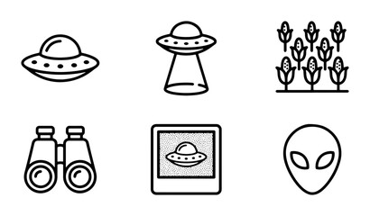 Alien UFO Icons, Sci-Fi Symbols, Extraterrestrial Life, Space Exploration Graphics, Binoculars, Corn Field © Saim