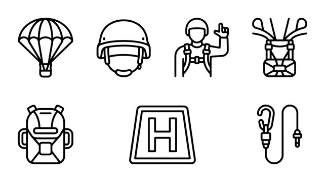 Skydiving Icons Set, Parachute, Helmet, Jumper, Gear, Landing Pad, Carabiner, Vector Graphics