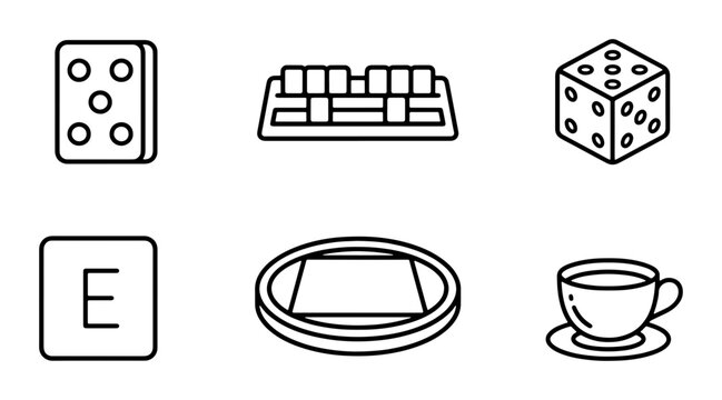 Set of 6 Game and Leisure Icons: Dice, Stadium, Keyboard, Mahjong, Letter E, Coffee Cup
