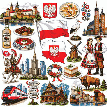 Polish culture and travel icons set, Poland national symbols and landmarks vector collection, traditional food and folk art illustrations, red and white flag with historic architecture