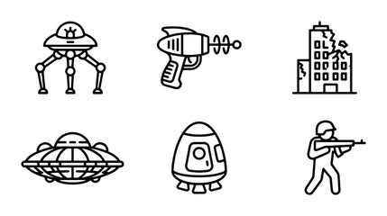Sci-Fi Icons: Alien Invasion, Spaceship, Ray Gun, Damaged Building, Astronaut, Vector Set © AbKuddus