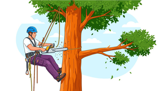 Professional arborist using a chainsaw to prune a large tree branch while suspended in a safety harness.