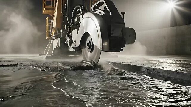 Industrial circular saw blade cutting through large stone slab with water cooling. Heavy duty diamond cutter machine working in a factory or quarry. Masonry production concept for construction.