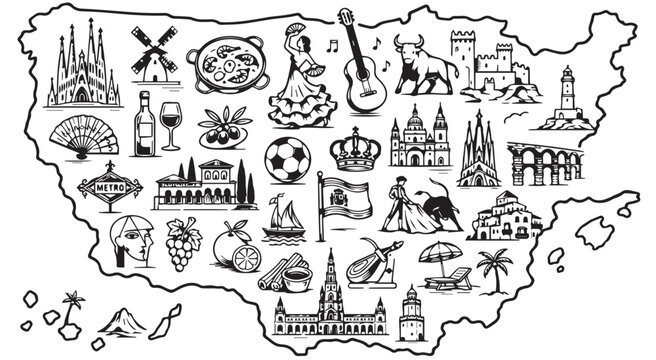 Spanish culture icons set inside map silhouette, hand drawn Spain travel landmarks and symbols, black and white doodle vector collection of Mediterranean architecture and traditions