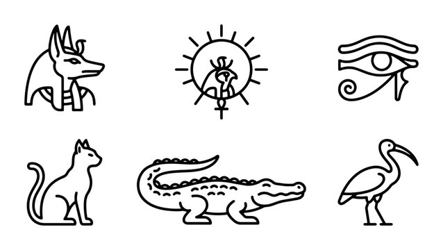 Ancient Egyptian Icons: Anubis, Ra, Eye of Horus, Cat, Crocodile, Ibis Symbols