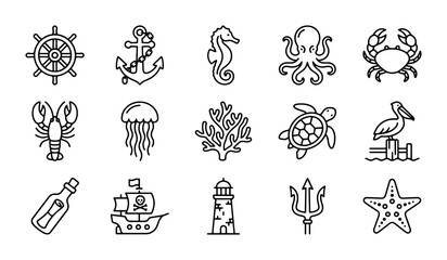 Nautical Icons Set: Marine Life, Ships, and Coastal Elements Vector Graphics © AbKuddus