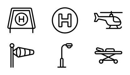 Fototapeta premium Helicopter Landing Pad Icons, Medical Stretcher, Wind Sock, Streetlight, Aviation Symbols