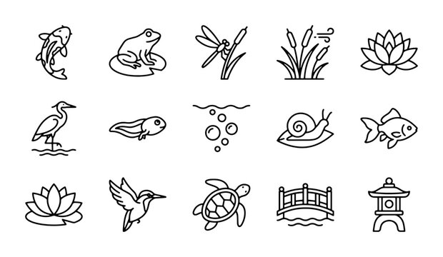 Pond Life Icons, Aquatic Animals & Nature Elements, Vector Set for Design