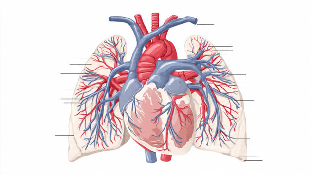 Detailed anatomical illustration of human heart with arteries and veins in vibrant colors