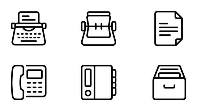 Retro Office Icons Set, Vintage Typewriter, Fax Machine, Telephone, Organizer, Filing Cabinet, Document Vector Graphics