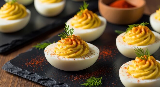 Delicious Deviled Eggs Appetizer with Dill and Paprika Garnish on Dark Slate Plate