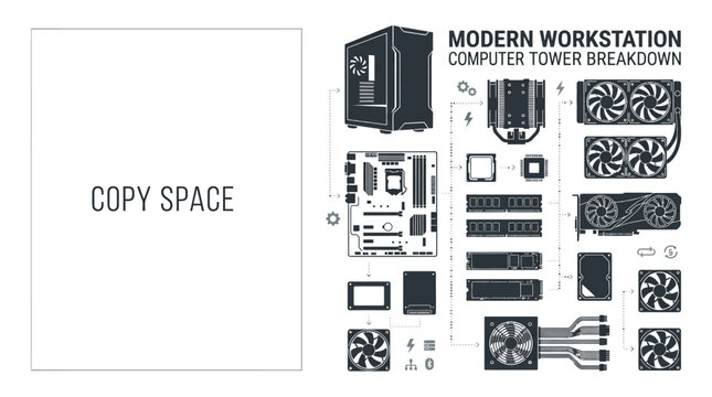 An exploded view diagram of a modern computer workstation showing all internal hardware components.