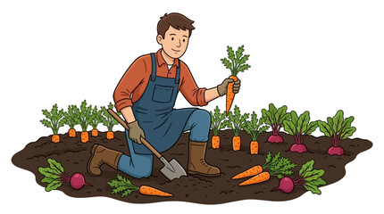 A young male gardener kneeling in the soil harvesting fresh carrots and beets. © Kamsiyah_Bintimawadi