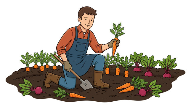 A young male gardener kneeling in the soil harvesting fresh carrots and beets.