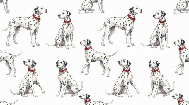 Pattern of illustrated Dalmatian dogs with black spots and red collars in various poses on a white background, suitable for fabric or wallpaper design