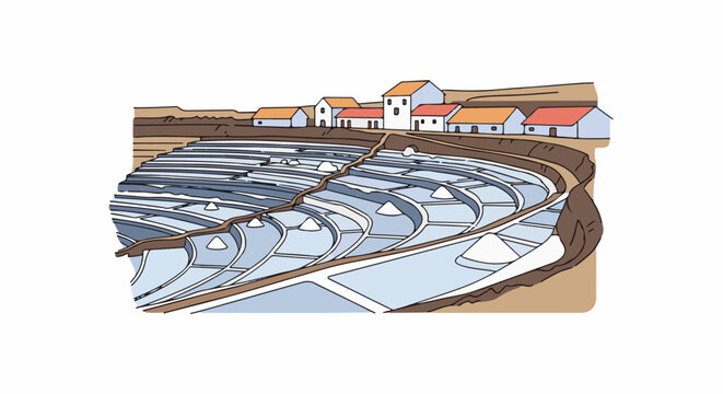 Salt evaporation ponds with small village buildings in the background