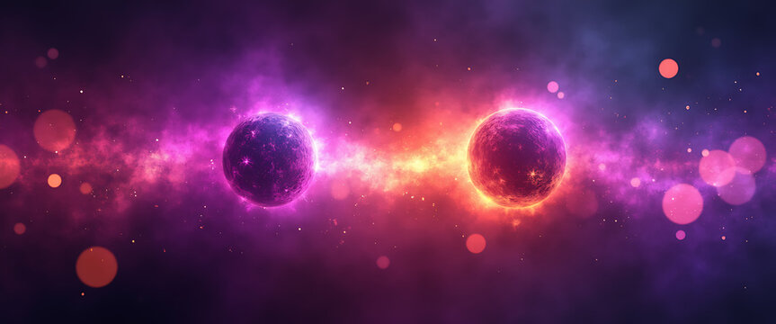 Cosmic view of two glowing planets interacting in vast nebular space stellar system.