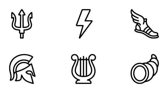 Greek Mythology Icons Set: Trident, Lightning, Winged Sandal, Helmet, Lyre, Cornucopia