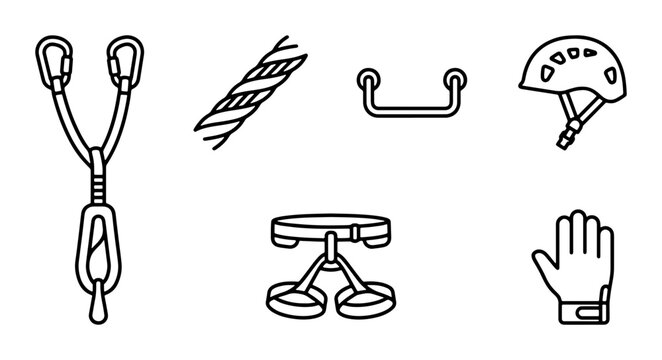 Climbing Gear Icons: Carabiner, Rope, Harness, Helmet, Glove, Ascender Set