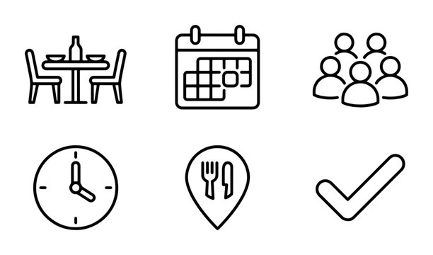 Restaurant Reservation Icons Set: Table, Calendar, People, Clock, Location Pin, Checkmark