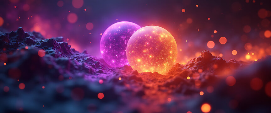 Two glowing orbs purple and orange light in dark fantasy landscape and bokeh.