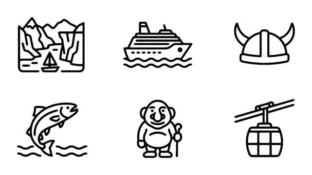 Norse Icons: Viking Helmet, Cruise Ship, Mountain Landscape, Salmon, Troll, Cable Car Vector Set