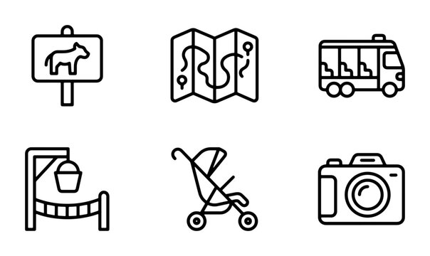 Zoo Icons Set: Animal Sign, Map, Bus, Stroller, Camera, Bucket Lift Vector Graphics