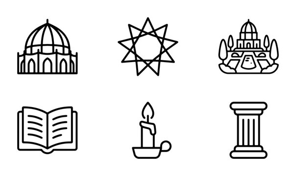 Religious Symbols Icons Set, Sacred Architecture, Spiritual Objects, Faith Concepts, Worship Buildings