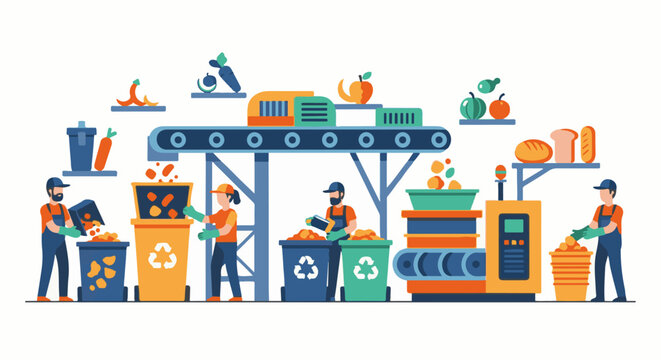 Factory workers sort produce on a conveyor belt for processing and waste