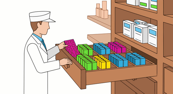A person in a white coat and hat sorts colorful medicine boxes in a store drawer