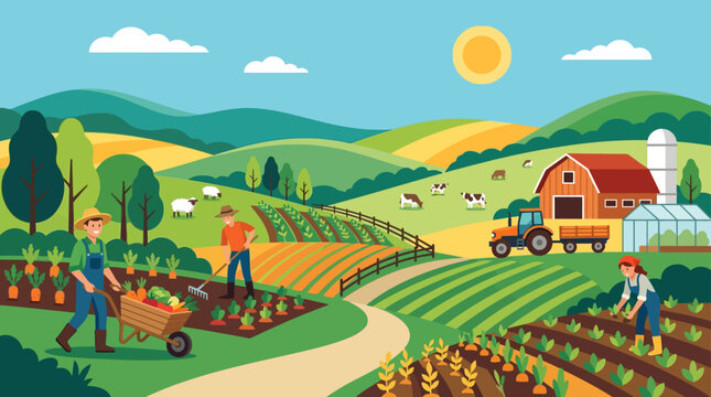 Farmers working on a vibrant agricultural field with crops and machinery.