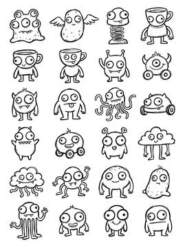 Collection of whimsical and quirky cartoon monsters, hand-drawn in black and white, perfect for playful designs and children's illustrations.