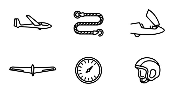 Glider Aircraft Icons, Aviation Gear, and Navigation Tools Vector Set