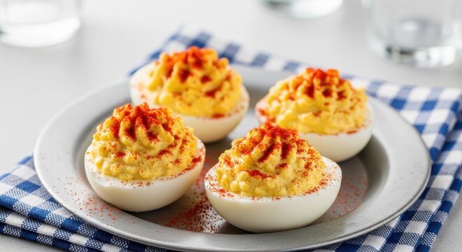 Four Creamy Deviled Eggs Topped With Paprika Ready for a Delicious Appetizer Experience